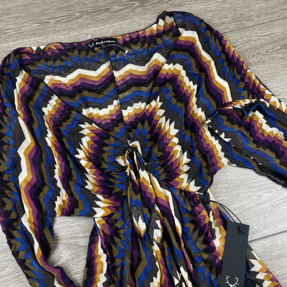 For Love & Lemons Women's Chevron Tie Front Blouse Black Multicolor Medium New
